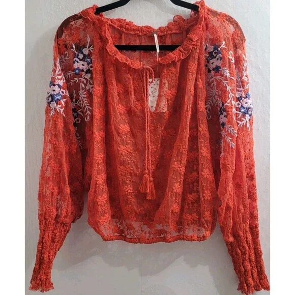 Free People Jubilee Embroidered Lace Boho Sheer Blouse Top Red Sz Small OB754354 - Picture 1 of 15
